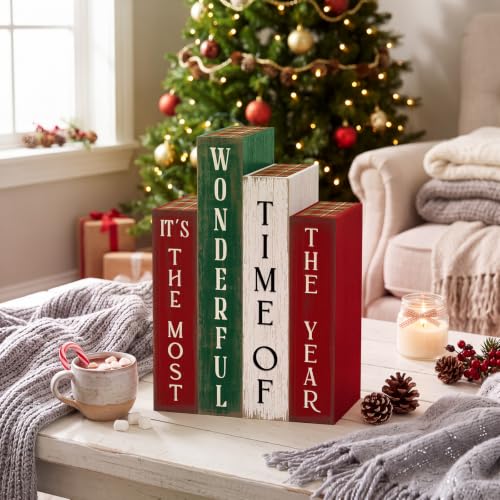Xuhal 4 Pcs Christmas Table Decor, Rustic Wooden Christmas Xmas Books Signs - style: Christmas