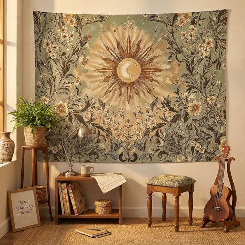 Spenlife Vintage Sun and Moon Tapestry, Retro Sage Green Floral Wall Decor, Mystical Celestial Wall Hanging for Living Room (60" x 44") - color: Sage Green, size: 60"L x 44"W