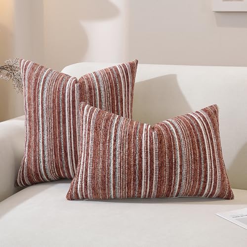 Throw Pillow Covers, Chenille Luxury Red Striped Pillow Case 20x12 Set of 2, Farmhouse Decorative Cushion Cover for Home Decor Bed Sofa Living Room Chair Bedroom - color: Wine Red Stripe, size: 20" x 12" (Pack of 2)