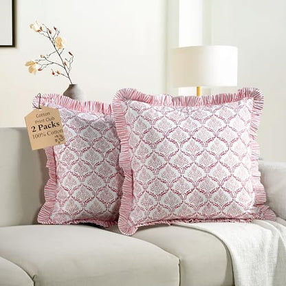 CPC Blush Rose Block Print Ruffle Pillow Cover 18x18 Inch, Pack of 2 - color: Blush Rose, size: 18" x 18" (Pack of 2)