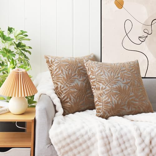 HPUK Leaf Pattern Throw Pillow Covers 18x18 Inch, Cut Velvet, Set of 2 - color: Leaves-brown