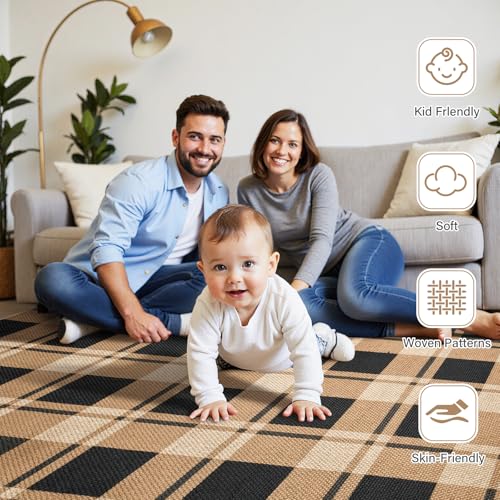 AROGAN 2x3 Checkered Jute Mat, Washable Non-Slip Farmhouse Rug, Black/Brown - color: Nature, size: 2' x 3' (Rectangular)
