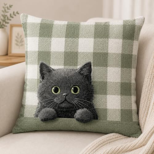 Black Kitten Pillow Cover 18x18 Inches, Sage Plaid Farmhouse Decor - color: Round Black Kitten