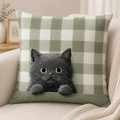 Black Kitten Pillow Cover 18x18 Inches, Sage Plaid Farmhouse Decor - color: Round Black Kitten