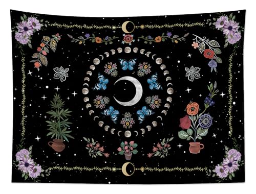 WEENEO Boho Butterfly Moon Tapestry Wall Hanging,Purple Floral,60x40 Inch - color: Black, size: 40"L x 60"W