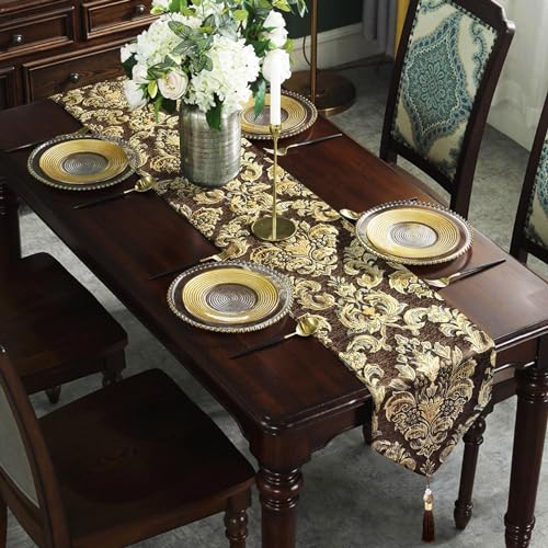 Table Runners Retro Flowers Luxury Jacquard with Tassels Dark Brown 13x60 - color: Dark Brown, size: 13x60"