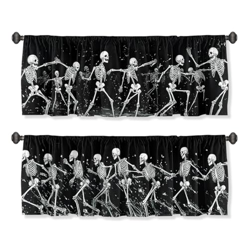 Skeleton Curtain Valance for Windows 2 Pack Dance Halloween White Black Rod Pocket Window Treatments Short Curtains for Kitchen Windows Bathroom Bedroom 54x18 Inch - color: Skeleton
