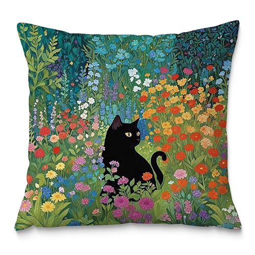 Floral Black Cat Pillow Covers 18x18, Cats Lovers Lady Gifts, Cat Mom Grandma Gifts, Cats in Colorful Wildflower Decorative Pillow Covers for Home Bedroom Living Room Office Decor - color: Style04