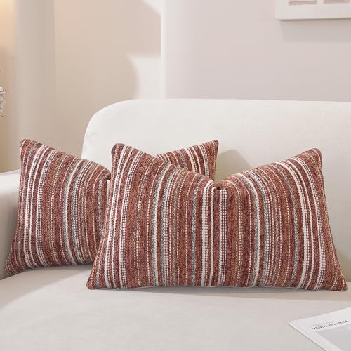 Throw Pillow Covers, Chenille Luxury Red Striped Pillow Case 20x12 Set of 2, Farmhouse Decorative Cushion Cover for Home Decor Bed Sofa Living Room Chair Bedroom - color: Wine Red Stripe, size: 20" x 12" (Pack of 2)