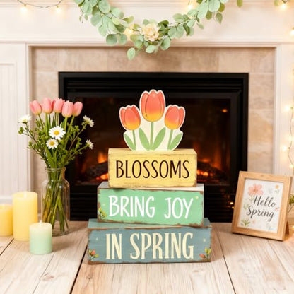 Spring Decoration Wooden Tiered Tray Decor – Tulip Blossoms Spring Stacked Block Sign with Floral Accent – Farmhouse Tabletop Spring Decor for Shelf Mantel Seasonal Home Display - style: Tulip