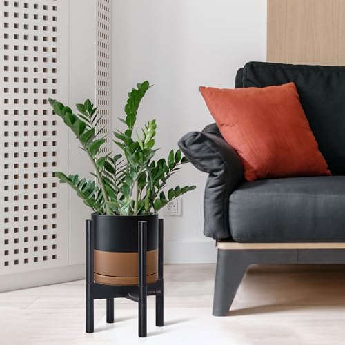 D'vine Dev Ceramic Pot with Ebony Wood Stand, Black/Tan, 8 in, 55-B-M-7 - color: Black/Speckled Tan Pot + Ebony Stand, size: 8 Inch