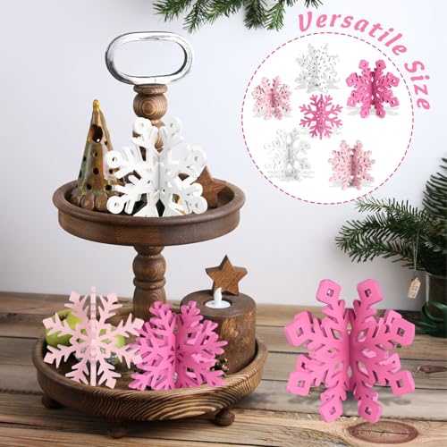 Wooden Snowflake Decorations, 3D Pink Christmas Table Decorations, Set of 6 - color: Pink White, size: 6 set