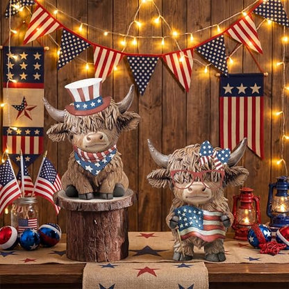 Karenhi 2 Pcs 4th of July Highland Cow Figurines Resin Tabletop Decor - style: 4th of July