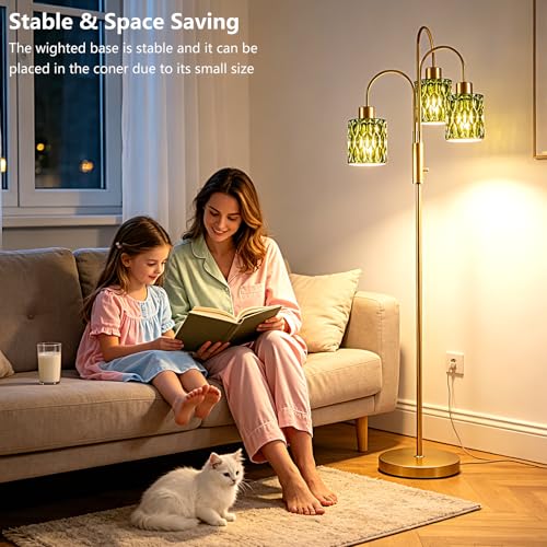 Green Glass Floor Lamp 3-Light 70" Gold Dimmable Modern Tall Standing Lamps - color: Green Cylinder-Gold
