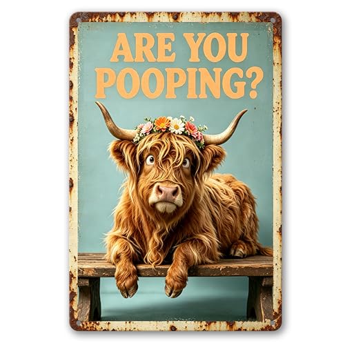 Funny Highland Cow Floral Crown Art with ARE YOU POOPING? Quote,Solid Durable Aluminum Sign,Vintage Farmhouse Decor for Bathroom Restroom Wall, Multipurpose Novelty Home Gift Plaque 8 x 12 Inch - color: M2030-Cow1-1