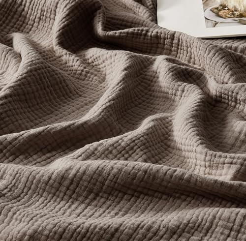 WDCOZY 100% Cotton Muslin Blanket Queen Size 4-Layer for Bed Breathable Lightweight Soft Large Boho Farmhouse Linen Tassels Ruffle Gauze Blankets 90x90 Inches Brown Mocha Chocolate Coffee Taupe - color: Mocha, size: Queen (90"x90")