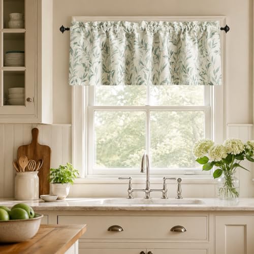 VOGOL Blue Valances for Windows, Lovely Leaf Print Window Shades Rod Pocket Kitchen Valances for Windows Farmhouse Cafe, 52x12, One Piece - color: Blue, size: 52"W x 12"L (Pack of 1)