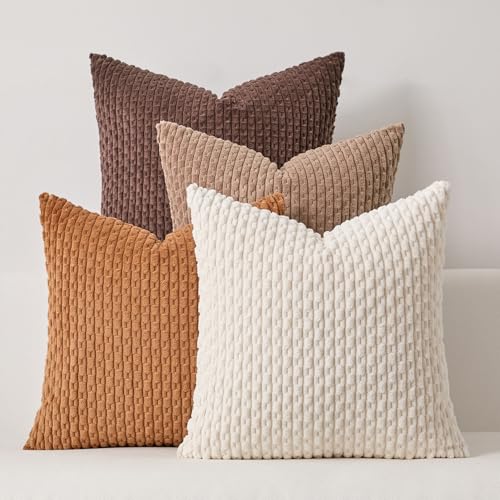 Kevin Textile Decorative Pillow Covers 18x18 Inch Set of 4 Soft Boho Corduroy Throw Pillow Cases Mix and Match Colors Plush Texture Throw Pillows for Sofa Couch Bedroom Home Decor Neutral Brown - color: Cream Chocolate, size: 18" x 18" (Pack of 4)
