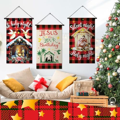 Tegeme 3 Pcs Nativity Christmas Door Sign Flag Christmas Holy Night Door Banner Jesus Nativity Flag 12 x 19 Inch Holiday Hanging Decoration for Home Outdoor - style: Xmas