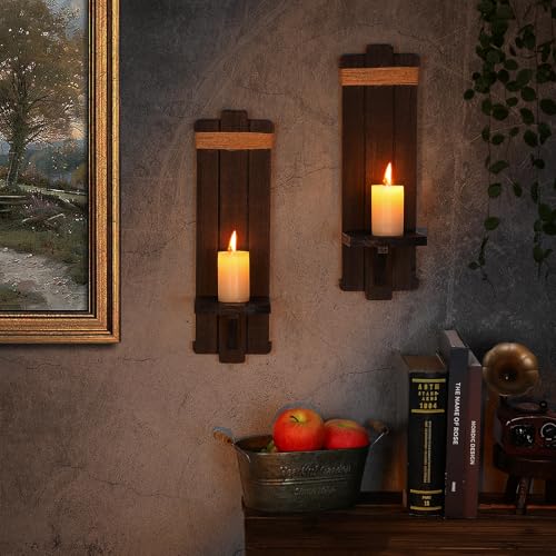Alphatool Handmade Wooden Candle Sconces Set of 2 Farmhouse Wall Decor - color: Black