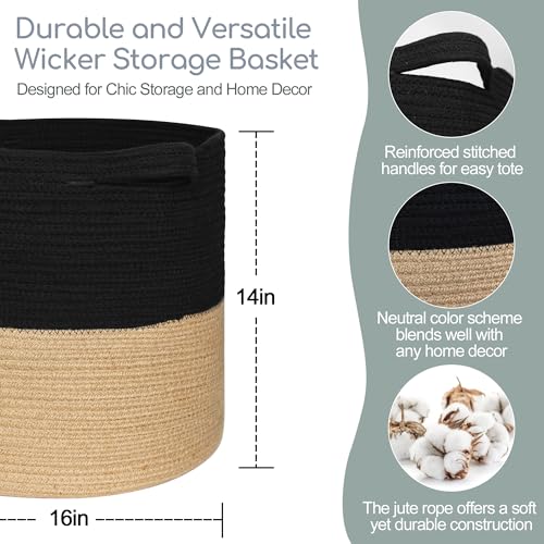 MEGASKET Large Woven Storage Basket, 16" x 14" Cotton and Jute Rope Basket for Blankets, Toys, Pillows, Big Laundry Basket with Handle, Decorative Living Room Storage, Dog Toy Bin, Black and Natural - color: Black & Natural, size: 16"D x 14"H