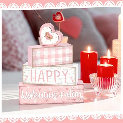 Britimes Tiered Tray Decor Set, 4 Pack, Wooden Table Sign, Pink Valentine - style: Pink Happy Valentine