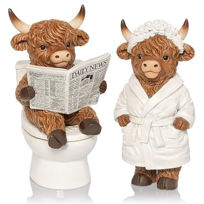 Karenhi 2 Pcs Highland Cow Figurines, Funny Bathroom Resin Statues Decor - style: Bathroom