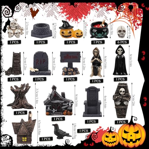 21 PCS Halloween Miniatures Figurines Resin Tombstones Figures Miniature Tombstones Miniatures Skeleton Pumpkin Ghost Ornaments for Halloween Party Favors Fillers Home Tabletop Decor - color: 21