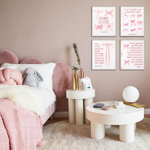 BWDDWB Coquette Pink Bow Wall Art Posters Christian Inspirational Bible Verses Canvas Print Paintings Cute Girly Preppy Wall Decor for Bedroom Dorm 16x12In Set of 4 Pcs (UNFRAMED) - color: Pink Bow, size: 16"L x 12"W