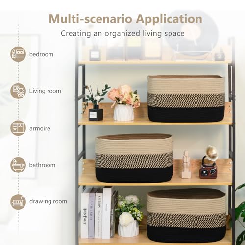 ECDYQXVU 15x10x9 Inch Woven Cotton Rope Storage Basket, 2 Pack - color: Gradient Black/Brown, size: 2 Pack