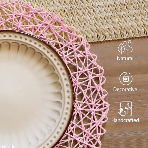 AHHFSMEI Paper Braided Round Placemats Set of 12 Natural Non-Slip Heat Resistant Table Mats for Dining Tables Woven Indoor Outdoor Place mats(Pink) - color: Pink