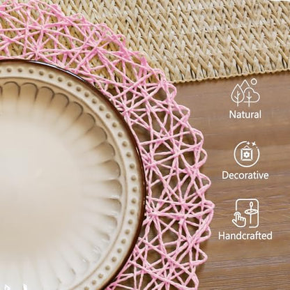 AHHFSMEI Paper Braided Round Placemats Set of 12 Natural Non-Slip Heat Resistant Table Mats for Dining Tables Woven Indoor Outdoor Place mats(Pink) - color: Pink