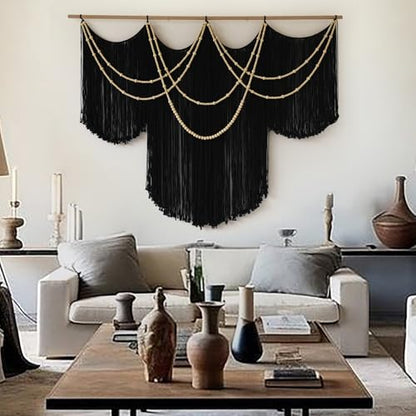Macrame Wall Hanging Black Yarn Tapestry Boho Fiber Art Decor 57"W*43"L - color: Black1