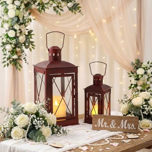 TRIROCKS Set of 2 Decorative Candle Lantern 14/10'' High (Antique Red) - color: Antique Red