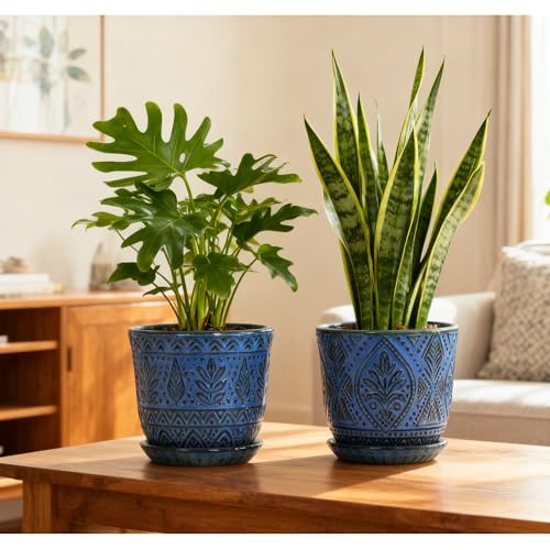 Gepege Ceramic Plant Pots, 6 Inch Indoor Planters with Drainage & Saucers - color: Blue-b, size: 6 Inch - Set of 2