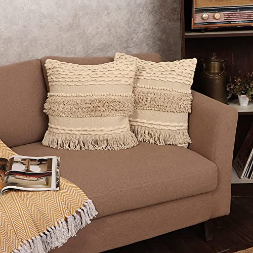 · REDEARTH · Boho Handwoven Throw Pillow Cases - Contructed Frill Natural - color: Contructed Frill Natural, size: 18" x 18" (Pack of 2)