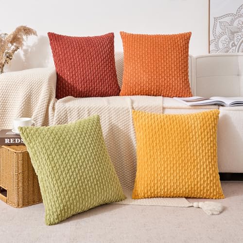 Kevin Textile Spring Decorative Pillow Covers 18x18 Inch Set of 4 Soft Boho Corduroy Throw Pillow Cases Mix and Match Colors Plush Texture Pillows for Sofa Couch Bedroom Home Decor Cream Green/Orange - color: Green Orange, size: 18" x 18" (Pack of 4)