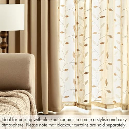 MIULEE Beige Sheer Curtains 2 Panels Embroidered Leaf Patterned, W52 x L96 - color: Beige, size: 52"W x 96"L (Pack of 2)