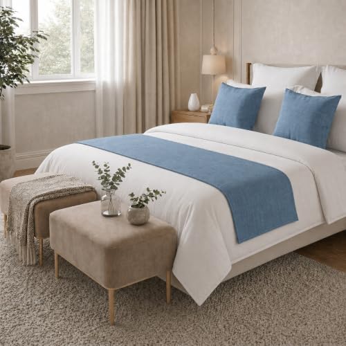 Solid Bed Runner Set,2 Pillow Covers,Haze Blue,70.9x19.7in - color: Haze Blue, size: Twin/Twin XL