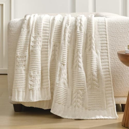 Amélie Home Chenille Knit Throw Blanket, Cream White 50"x60" - color: Cable Cream White, size: 50" X 60"