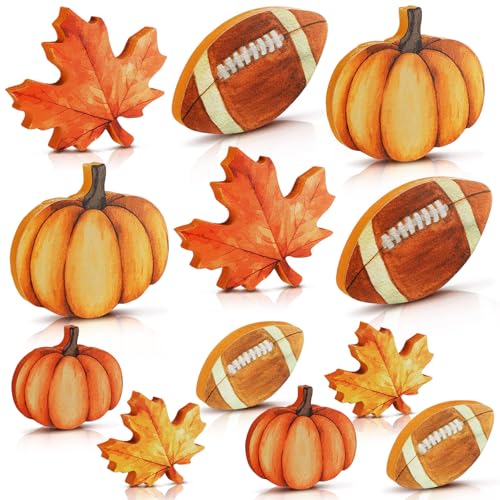 Bencailor 12 Pcs Fall Table Decor Wooden Pumpkins Maple Leaf Fall Football Tiered Tray Decor Thanksgiving Centerpiece Autumn Football Decorations for Home Kitchen Desk Office Party - style: Innovative