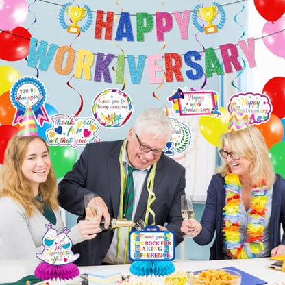 Work Anniversary Decorations: Happy Anniversary Banner Happy Anniversary Decorations with Hanging Swirls Honeycomb Centerpieces Balloons Office Employee Worker Appreciation Decor