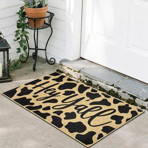 Hey Y'all Doormat Outdoor Funny Welcome Entrance Mat for Front Door 17"x30" | Cow print mats, farmhouse floor rug outside, non-slip backing, durable, housewarming gift, for patio porch hallway home decor - color: Cow Print B