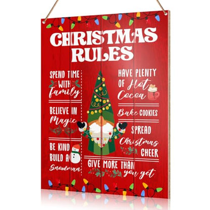 Hanging Sign, Gnome Holiday Decor, Wooden Wall Sign, Xmas Rules - color: J2
