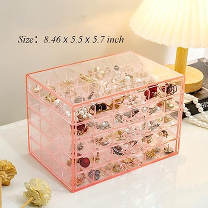 YUFONG Earring Storage Box Organizer 5 Drawers with 120 Small Compartments - color: Clear Pink