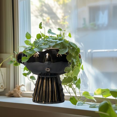 Head Planter 7 Inch - Ceramic Face Planters with Drainage Hole, Funny Succulent Pots for Indoor Outdoor, Cute Decorative Plant Pot, Desk Office Room Home Decor, Black - color: Black-girl