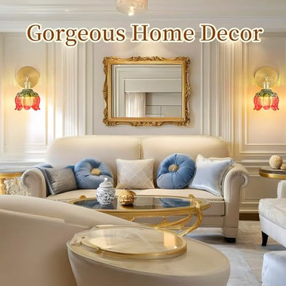 Battery Operated Wall Sconces Set of 2, Red Tulip Glass Wall Lights | Rechargeable flower wall lamps with remote control, 15 colors, 10-level dimming and timer for bedroom and living room - color: Red