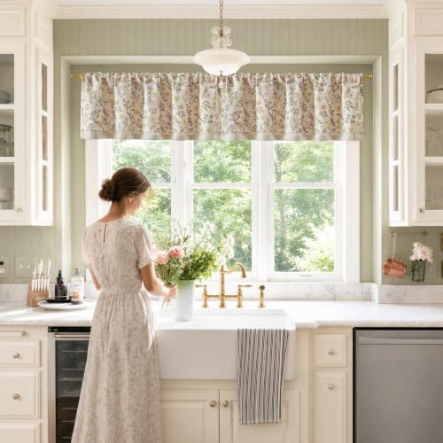 jinchan Maia Floral Linen Double Layer Valance 18 Inch 1 Panel Pink - color: Maia Pink on Linen, size: 50"W x 18"L (Pack of 1)