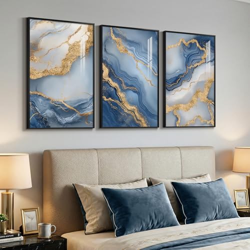 Large Framed Blue Gold White Abstract Wall Art for Living Room, Each 24x36 - color: Blue Gold Flow, size: 24" W x 36" H x 3 pieces
