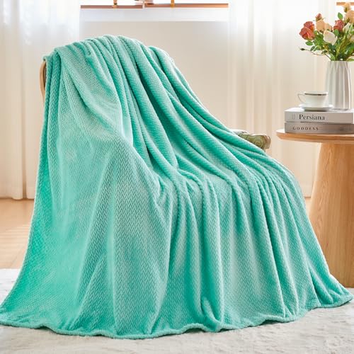 NEWCOSPLAY Fleece Leaves Pattern Queen Blanket, Aqua, 90"x90" - color: Aqua, size: Queen(90"x90")